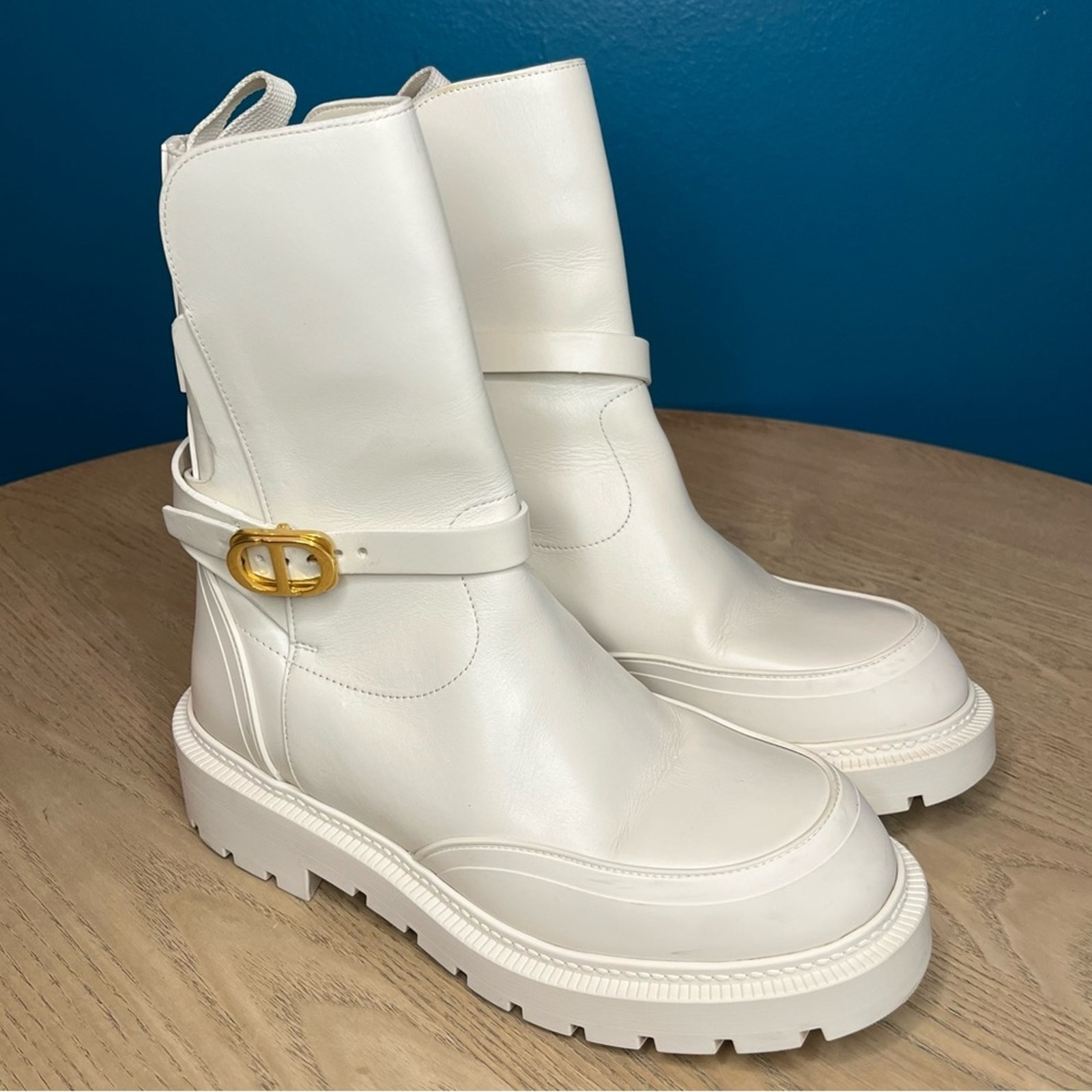 Dior Empreinte White Leather Ankle Boots Lug Sole Chunky Women’s Size 37 Us 7